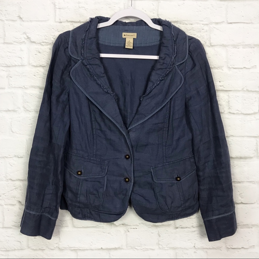 Elevenses Anthropologie Blue Linen Fray Blazer 8